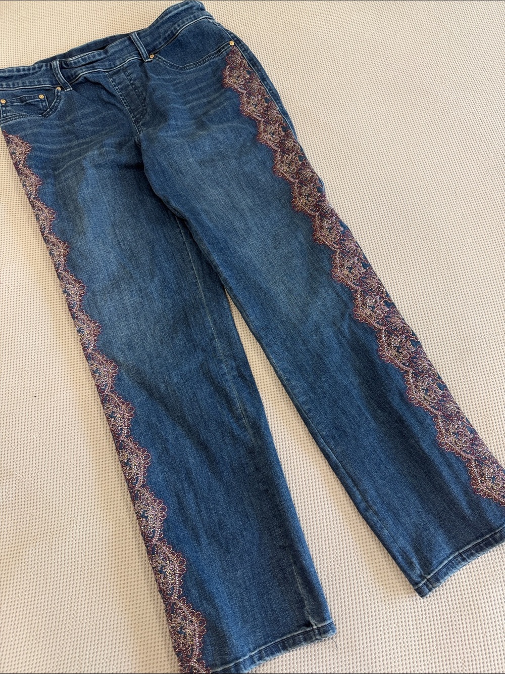 Chico's Blue Straight-Leg Jeans with Embroidered Side Trim